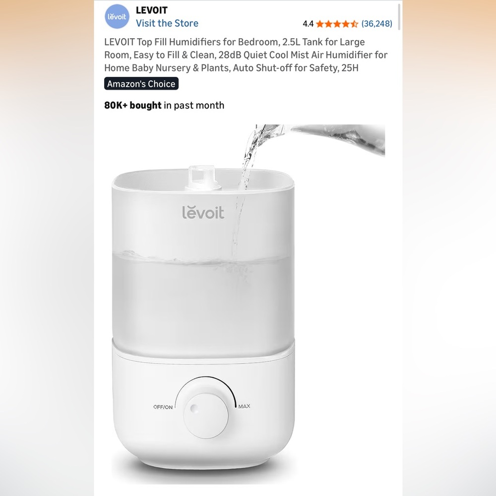 Brand New In Box LEVOIT Top Fill Humidifier Amazon White Unopened 2.5L Quiet Air